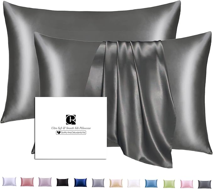 Ravmix Silk Pillow Cases 2 Pack with Zipper, Both Sides 21Momme Mulberry Silk Pillowcase Set of 2 Queen 20×30inches for Sleeping Women Men, for Beauty Sleep Hair Skin, Space Grey