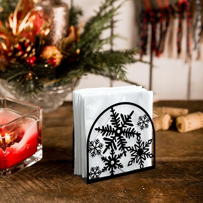 Christmas Snowflake Decorative Black Metal Napkin Holder for Table, 5.3" x 4.4" x 1.9" Winter Snowflake Standing Napkin Holder for Home Kitchen Restaurant Picnic Party Coffee Bar Dining Room