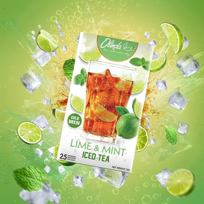 Olinda Lime & Mint Iced Tea Organic Herbal Sugar Free Minty Hot and Cold Brew Naturally Caffeinated Refreshing Peppermint Tea Individually Wrapped 25 Tea Bags Christmas Gift