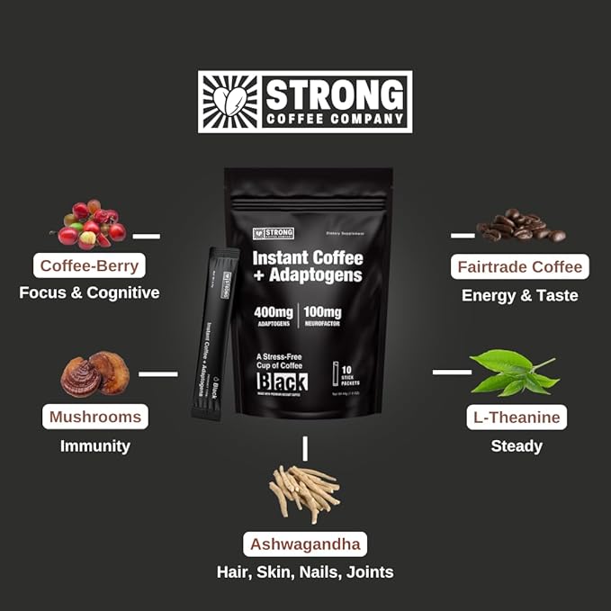 Strong Coffee Co. Instant Black Coffee - Adaptogens Organic Coffee with Ashwagandha, Reishi, MCT Oil, & L-theanine. No Jitters, No Crash (1, 10 Packets)