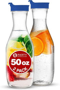 PARTY BARGAINS 50 oz. Plastic Carafe with Lids - Clear, 2 Count, Blue Flip Tab Lid Premium Quality & Heavy Duty Plastic Pitcher for Iced Tea, Powdered Juice, Cold Brew, Mimosa Bar Blue Cap