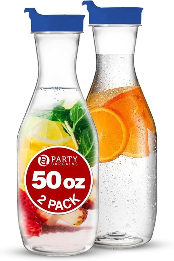 PARTY BARGAINS 50 oz. Plastic Carafe with Lids - Clear, 2 Count, Blue Flip Tab Lid Premium Quality & Heavy Duty Plastic Pitcher for Iced Tea, Powdered Juice, Cold Brew, Mimosa Bar Blue Cap