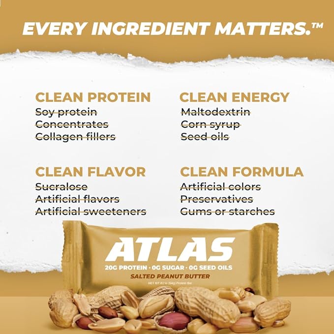 Atlas Bar – 20g Protein, 1g Sugar, 0g Seed Oils, 0g Artificial Sweeteners (Salted Peanut Butter, 36 Count)