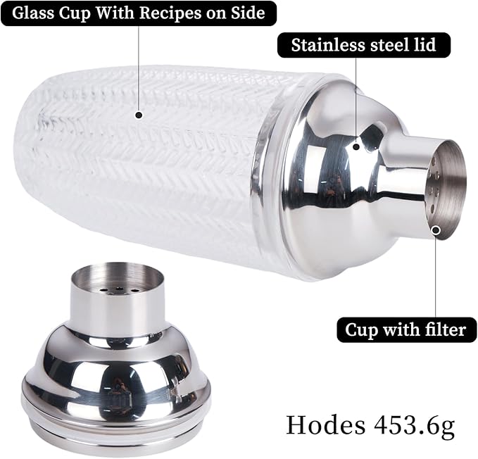 Cocktail Shaker, 14.37oz Mixed Drink Shaker with Glass Cup, Professional Bar Tool with Scale Glass (Hexagon)