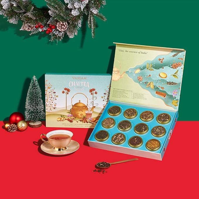 VAHDAM, Chai Tea Gift Set (12 varieties, 60+ servings) Chai Loose Leaf Tea in Tin Caddy Gift Box | Exotic Chai Tea Blends | Gluten Free, Non GMO | Christmas Gifts
