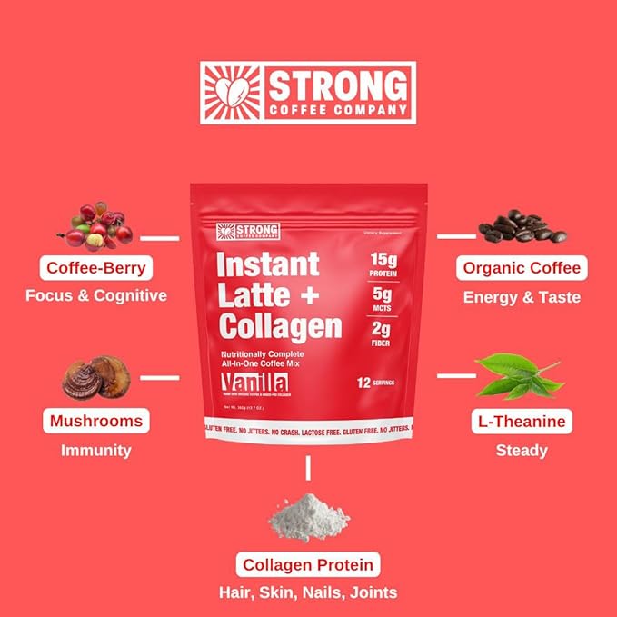 Strong Coffee Co. Instant Vanilla Latte | Organic Coffee with 15g Collagen Protein | Lion’s Mane & L-Theanine | Nootropic Instant Coffee | 12 Serving