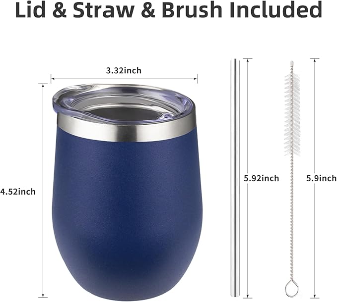 12 oz Insulated Wine Tumbler with Lid and Straw,Stainless Steel Stemless Wine Tumbler Double Wall Vacuum Wine Cups Tumbler Bulk for Coffee,Champaign,Cocktail,Office(Black/White/Navy blue/Dark blue)