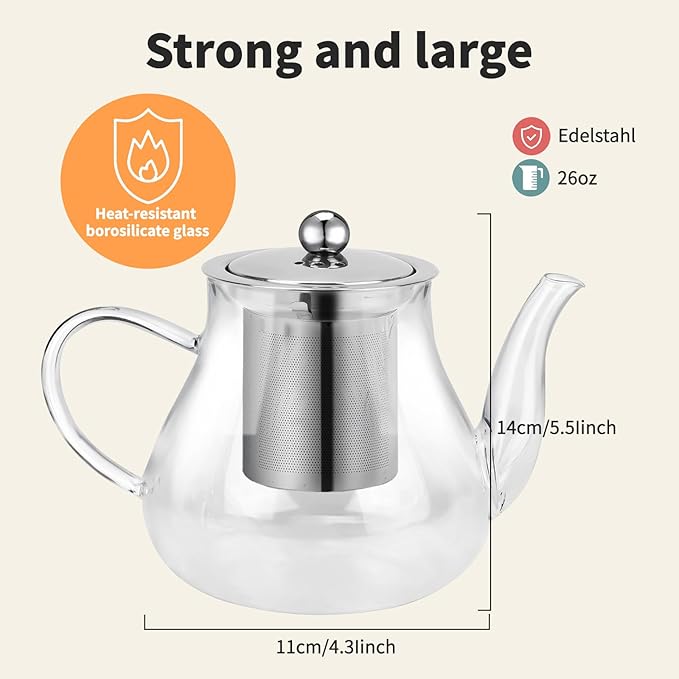 Glass Teapot 28oz/800ml with Removable Infuser, Borosilicate Clear Tea Kettle, Stovetop Safe Tea Kettle Blooming Loose Leaf Teapots, for Camping, Travel