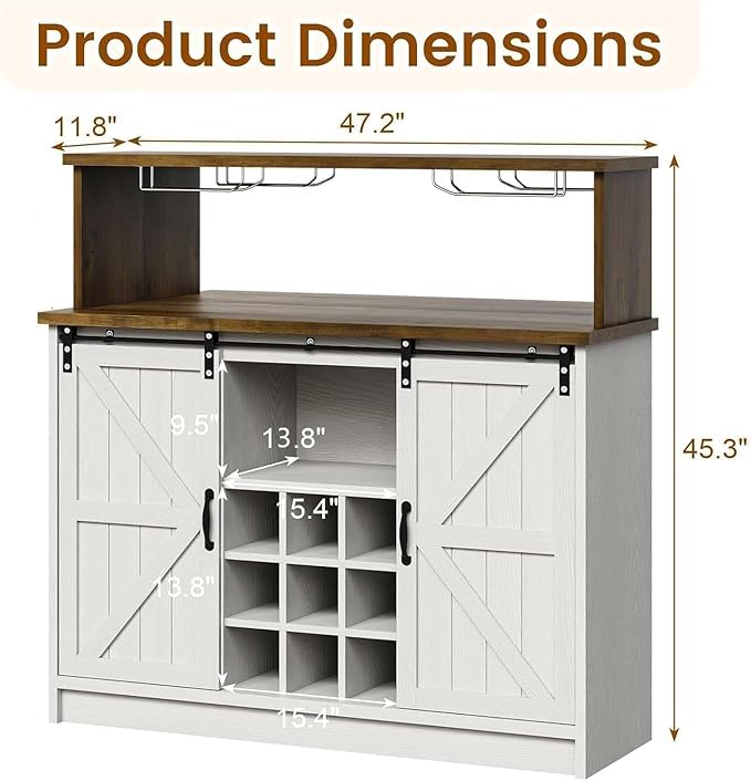 4ever2buy Farmhouse Coffee Bar with LED Lights, 47 inch Coffee Bar Cabinet with Storage, Wine Bar Cabinet with Wine and Glass Rack for Living, Dining Room, White