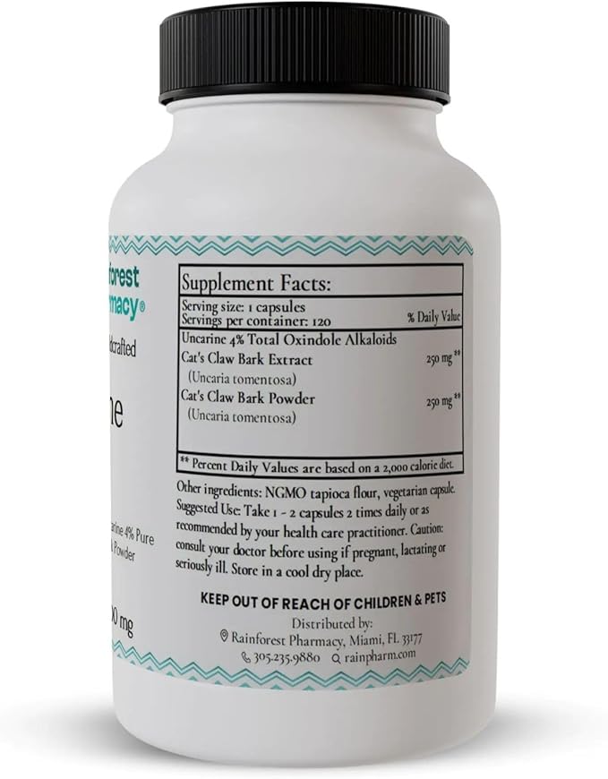 Rainforest Pharmacy Uncarine Max Cat’s Claw Capsules 500mg, 120 Vegetarian Capsules | Uncaria Tomentosa | Cats Claw Herbal Supplement from The Amazon Rainforest