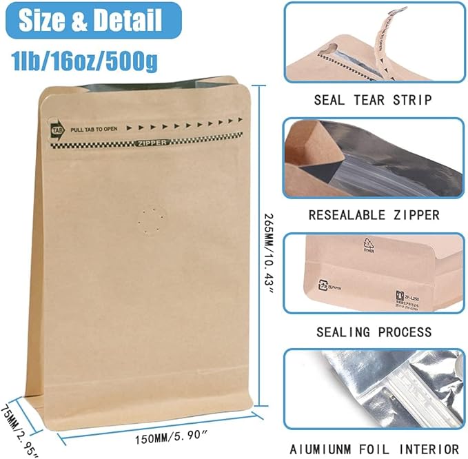 REMTAP Coffee Bags with Valve High Barrier Aluminumed Foil Flat Bottom Standing Coffee Beans Storage Bags,Reusable Heat Sealable Side Zipper Pouches (8oz/50pcs, Kraft)