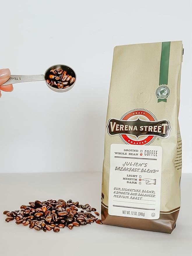 Verena Street 12 Ounce Whole Bean Coffee, Medium Roast, Julien's Breakfast Blend, Rainforest Alliance Certified Arabica Coffee