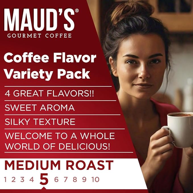 Maud's Flavored Instant Coffee Variety Pack, 48 ct, Caramel, Hazelnut, Raspberry, Vanilla, 100% Arabica Coffee, Medium Roast, Instant Hot or Iced Coffee - Just add water
