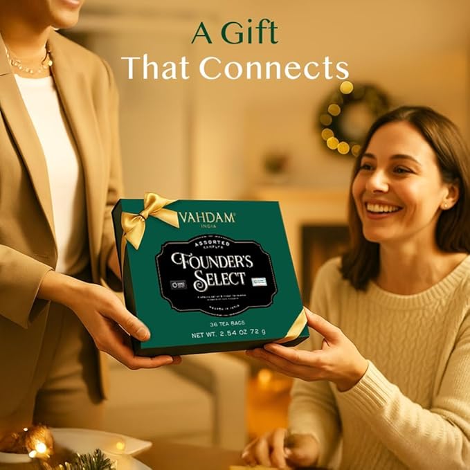 VAHDAM, Founder's Select Assorted Tea Gift Set (6 Variety, 36 Tea Bags) - Premium Gift Box | Individually Wrapped Pyramid Teabags | Christmas Tea Gifts for Women and Men