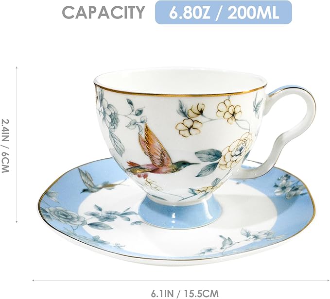 Bone China Tea Cup and Saucer Set, Bone China Coffee Cups and Saucers, Vintage Blue and White TeaCups snd Saucers Gift for Mom Friend Tea Party (light blue)