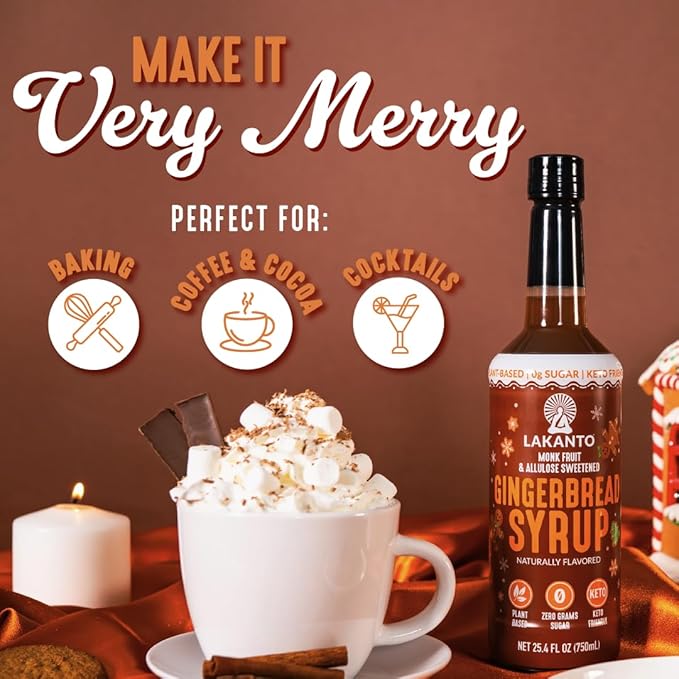 Lakanto Gingerbread Simple Syrup - Perfect for Coffee, Tea, Lattes, Smoothies, Cocktails, Baking & Holiday Drinks, Monk Fruit Sweetener with Allulose Zero Sugar, Keto Diabetic Friendly (25.4 Fl Oz)
