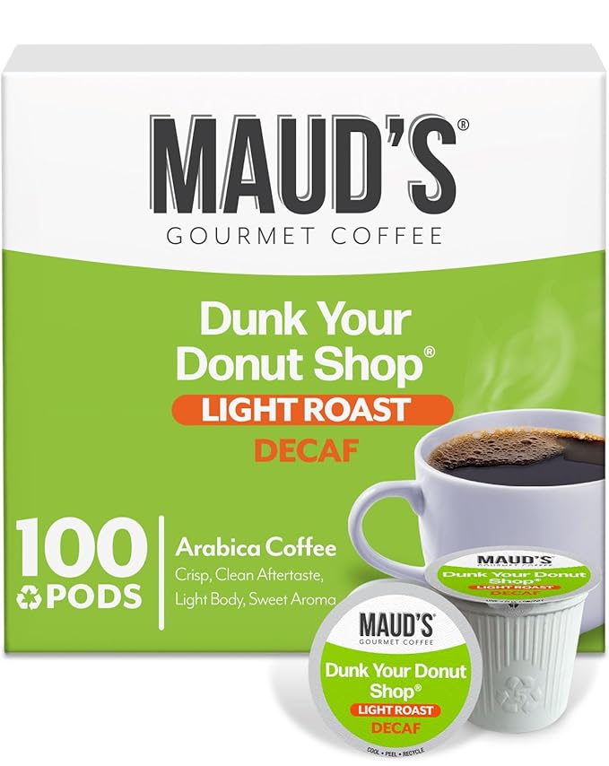 Maud's Decaf Donut Shop Coffee Pods, 100 ct, Decaffeinated Light Roast Coffee in Recyclable Single Serve Pods – 100% Arabica Beans, Compatible with Keurig K Cups Maker