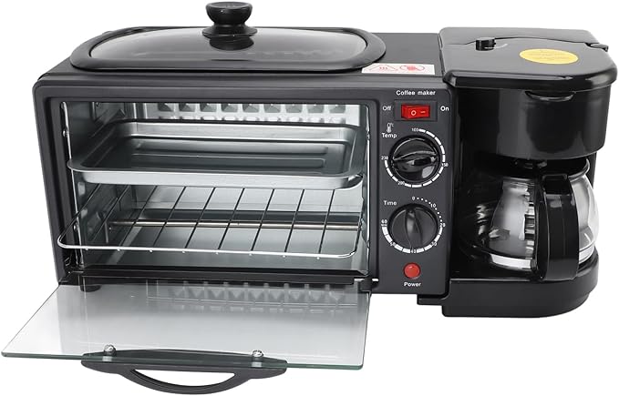 3-in-1 Breakfast Station with Coffee Maker, 4-Slice Toaster Oven, Non-Stick Griddle, 110V
