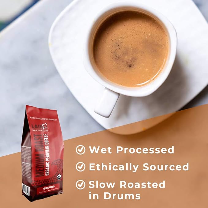 Laird Superfood Peruvian Medium Roast Caffeinated Ground, Ethically Sourced Premium Ground Coffee, Gluten-Free, Dairy-Free, Non-GMO, Paleo, Keto Friendly, 12 oz. Bag