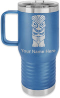 LaserGram 20oz Vacuum Insulated Travel Mug with Handle, Tiki Statue, Personalized Engraving Included (Dark Blue)