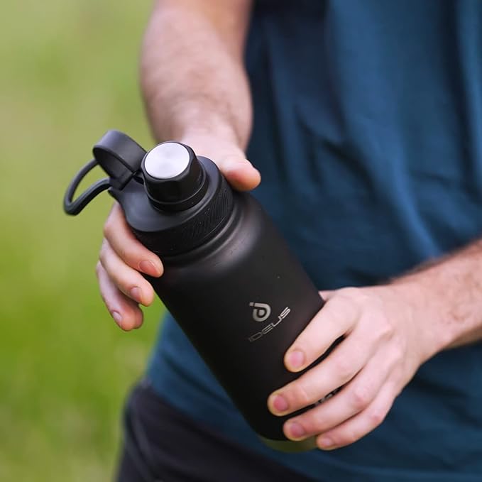 IDEUS Insulated Stainless Steel Water Bottle with 2 Leak-Proof Lids, Thermal Water Flask for Hiking Biking, Double Wall Insulation, 40oz, Black