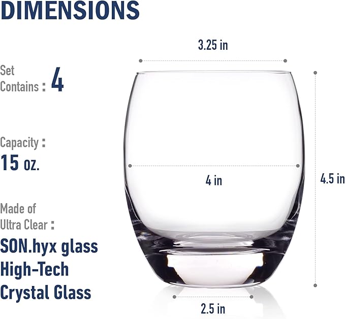Luigi Bormioli Crescendo Double Old-Fashioned Glasses, Set of 4-15.5 Oz. Lead-Free Crystal Tumblers with Thick Base - Laser Cut Rims, Classic Design for Cocktails, Whiskey & Bars - Dishwasher Safe