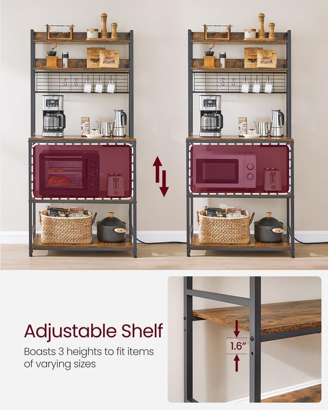 VASAGLE Bakers Rack with Power Outlet, Microwave Stand, Kitchen Tall Utility Storage Shelf, with Metal Wire Panel, 14 Hooks, 15.7 x 31.5 x 66.9 Inches, Rustic Brown and Ink Black UKKS025B01