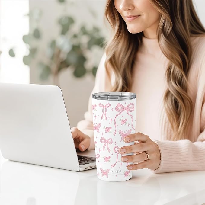 SANDJEST Bow Tumbler 20oz, Stainless Steel Travel Cup with Lid, Insulated Coffee Mug, Bow Gifts for Women Girls Friends Sisters on Birthday Christmas (White)