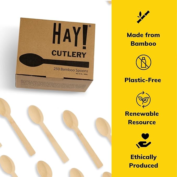 HAY! Bamboo Spoons | 250 ct Unwrapped Spoons | Biodegradable Utensils | Compostable & Plastic-Free | Heavy-duty Spoons | For To-Go Meals or Events | wooden Spoons