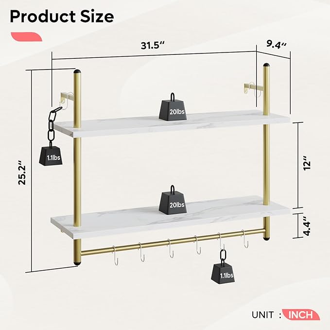 Bestier Floating Shelving 31" Kitchen Wall - Mounted Shelf with Towel Bar Hooks Coffee Bar Shelf Wine Hanging Display Rack Bookshelf Living Room Decor Bathroom - White Marble