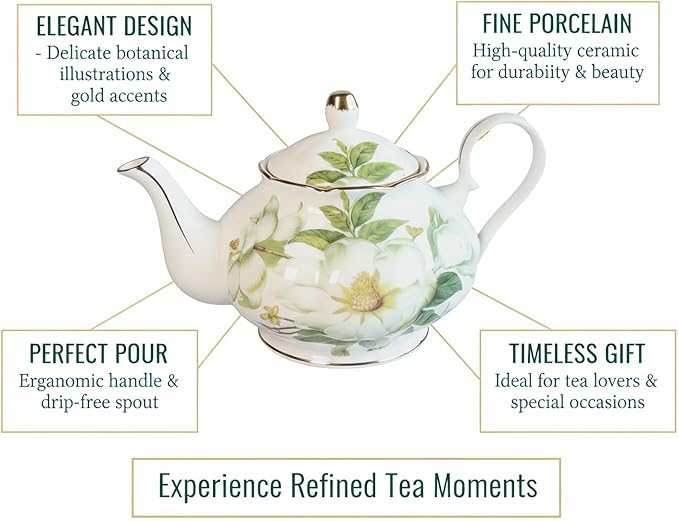 22oz Floral Ceramic Teapot (Suitable for 1 to 3 people) – Vintage Gold Rim Tea Pot for Loose Leaf, Blooming Tea & Coffee, Elegant Teapot for Tea Party, Flower Design (White Camellia)