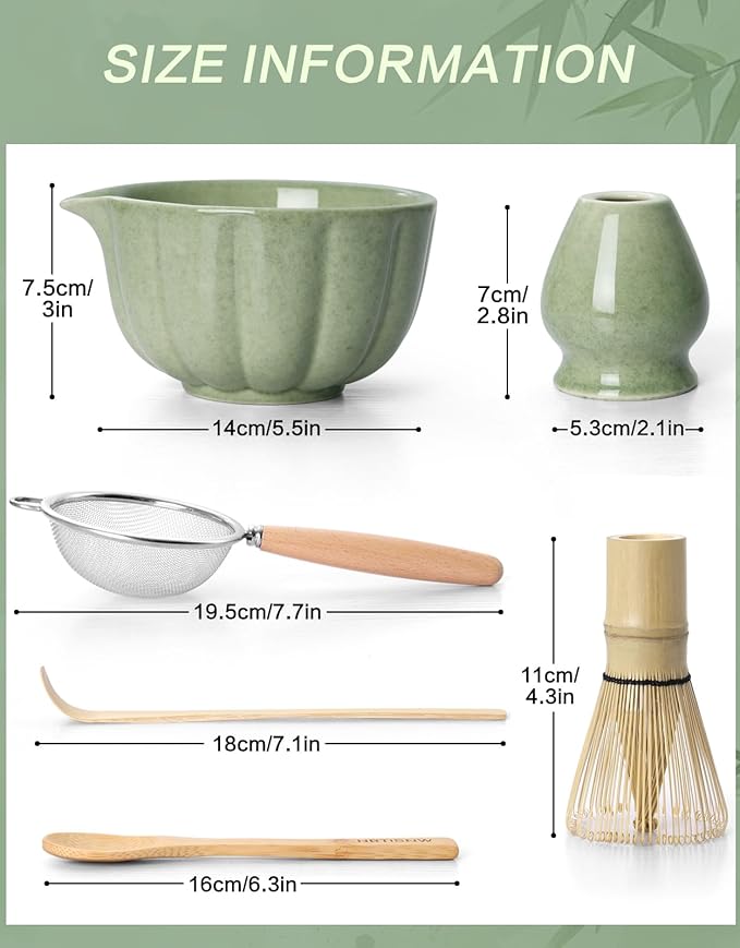 Matcha Whisk Set, 7 Pcs, Matcha Kit Includes Matcha Bowl, Matcha Whisk and Holder, Bamboo Scoop, Spoon, Sifter and Tea Towel, Matcha Set, Gift for Matcha Lovers & Beginners (Matcha Green)