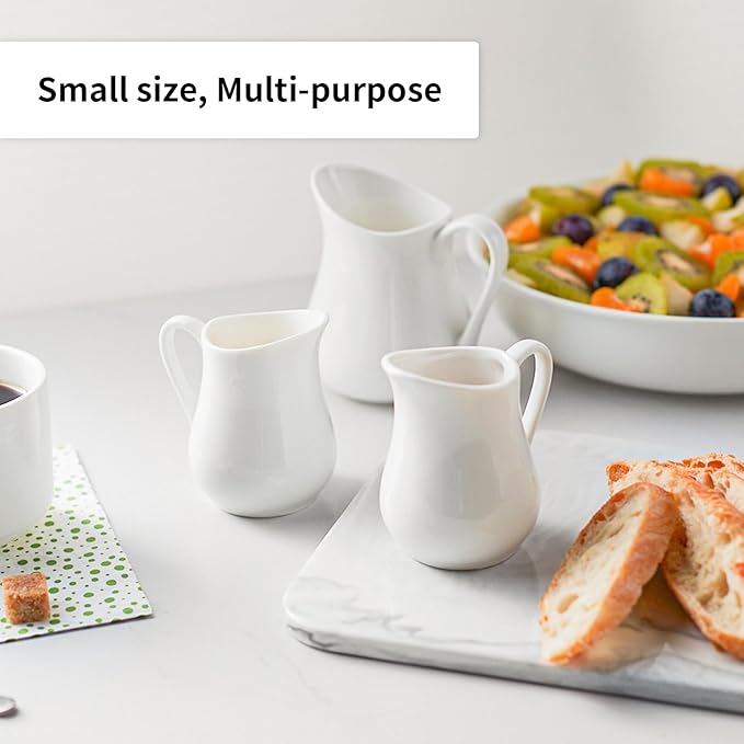 Gurygo 4 Pack 4 Oz Classic White Creamer with Handle - Small Ceramic Creamer Pitcher Set - Fine Porcelain Small Milk Pitcher for Coffee Milk Sauces Salad, Microwave & Freezer Safe