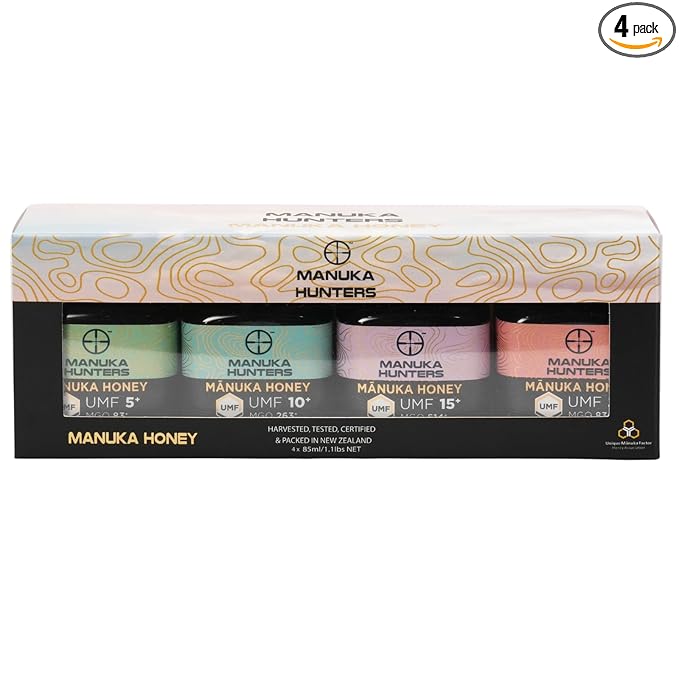 Manuka Hunters Raw New Zealand Honey Gift Set 4-Pack Honey Sampler with UMF 5+,10+,15+,20+ (125g = 85ml Each) – 100% Pure Natural Sweetener - Ideal for Tea, Coffee, Smoothies, Baking - Sustainable