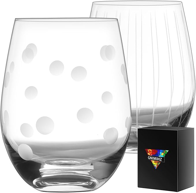 Etched Stemless Wine Glasses for Red or White Wine (Set of 2), 18-Ounces, Large Wine Glasses for Cabernet, Pinot Noir, Burgundy, Bordeaux (Lines+Dots)
