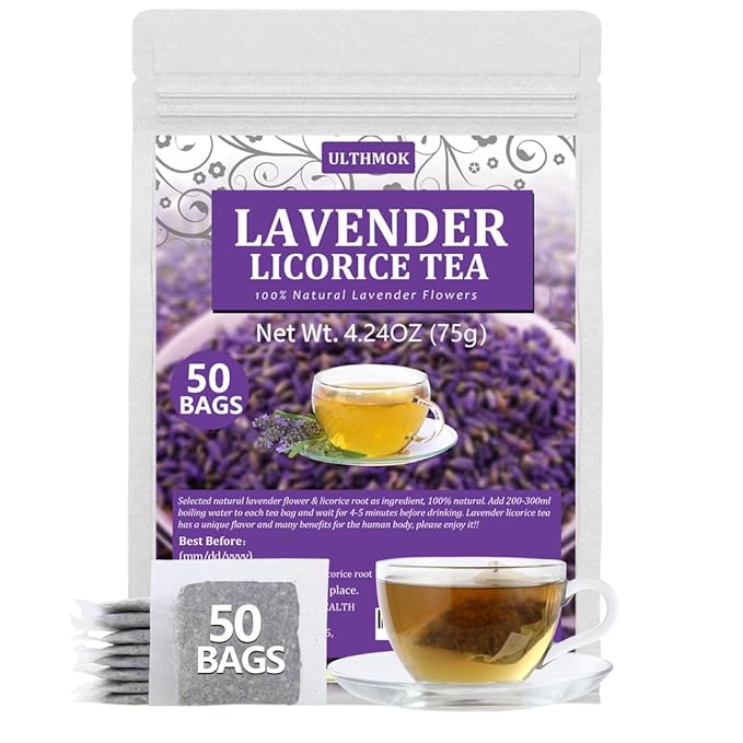 Premium 50 Lavender Licorice Tea Bags, Made with Natural Lavender Flowers & Wild Licorice Root, for Relaxation & Sleep & Wellness, Caffeine Free & No Artificial Flavors.