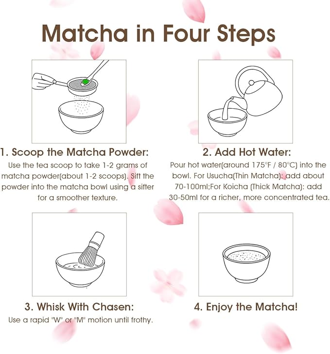 7-Piece Matcha Set with Ceramic Matcha Bowl, Bamboo Whisk (Chasen) & Holder, Sifter, Tea Scoop & Rest, Special Bamboo Tea Mat - Perfect Matcha Kit for Matcha Lovers & Gift Giving, Sakura