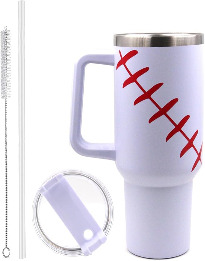 FMYWZS 40 oz Baseball Tumbler with Handle, Double Wall Vacuum Insulated Stainless Steel Cup Travel Mug with Lid and Straw, Baseball Accessories Stuff Gifts for Mom Men Boys Girls