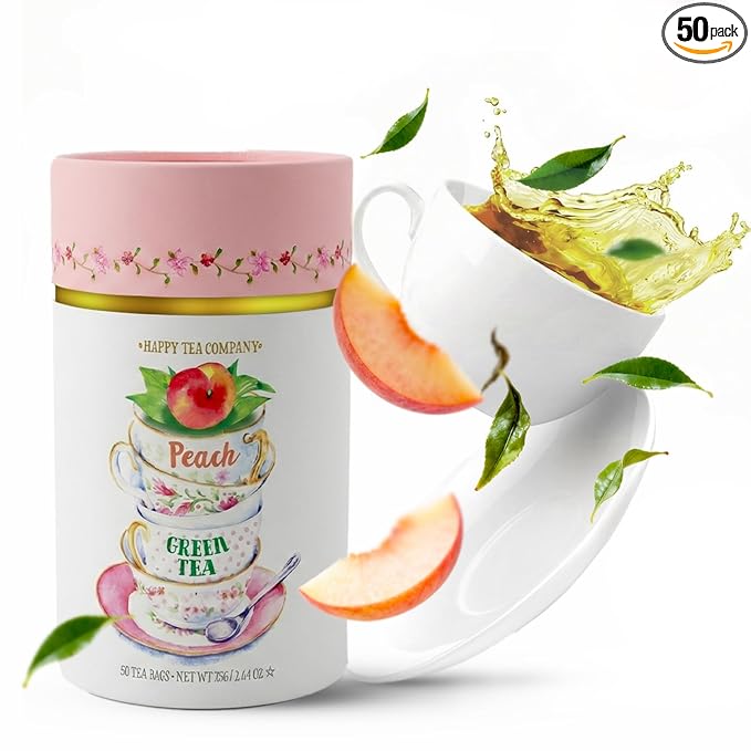 Life Plus Style Gourmet Happy Tea Company Peach Green Tea Organic Caffeinated 50 Fruity Tea Bags No Additives Peach Herbal Gift Hot or Iced Refreshing Tea Beverages