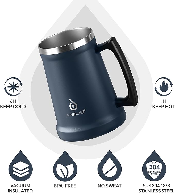 Ideus Insulated Beer Stein, 24/32oz Stainless Steel Double Walled Beer Mug Giant Bar Drinkware Metal Beer Cup with Big Grip Handle (Navy Blue, 24oz (710ml))