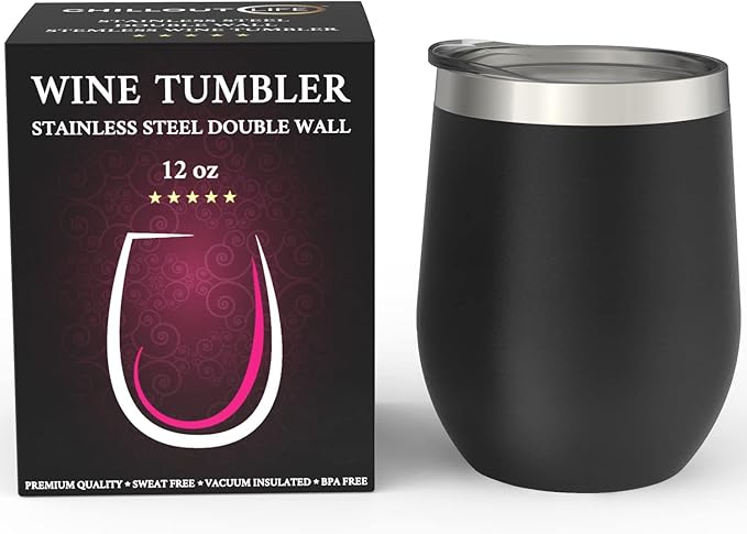 CHILLOUT LIFE 12 oz Stainless Steel Wine Tumbler with Lid - Double Wall Vacuum Insulated Wine Cup Glass Keeping Cold & Hot for Coffee, Champagne, Cocktails, Ice Cream - Powder Coated Black