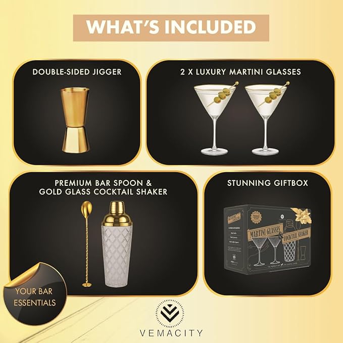 VEMACITY - Luxury Cocktail Shaker Set - Gold Glass Cocktail Shaker with Built-In Strainer + 2 Ribbed Espresso Martini Glasses with Gold Rims, Bar Spoon & Jigger | Ideal for Christmas & New Years