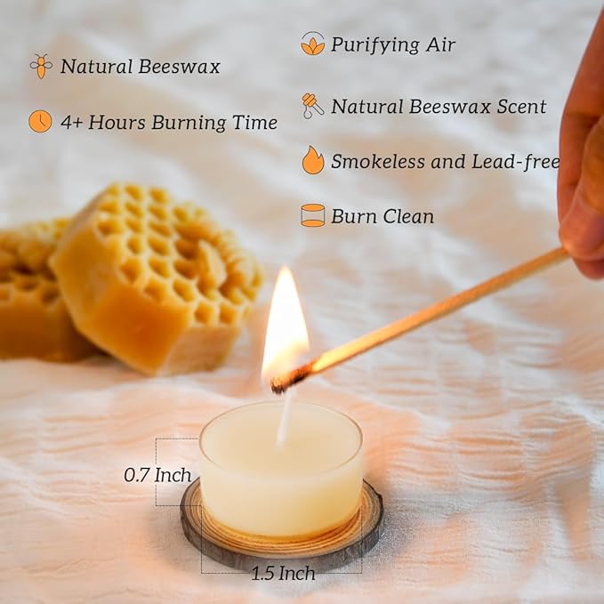 50PCS Pure Beeswax Tealight Candles, Natural Scent, Clear Cup, White