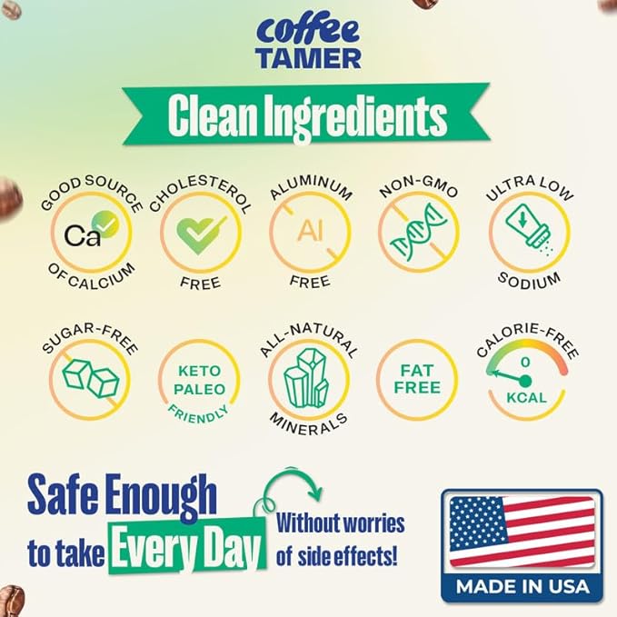 Coffee Tamer Coffee Acid Reducing Granules - Reduces Coffee Acids by up to 90% - All-Natural Minerals - Keto Friendy - Sugar Free, Calorie Free, Non-GMO, and Gluten Free - 2.4oz Shaker Bottle