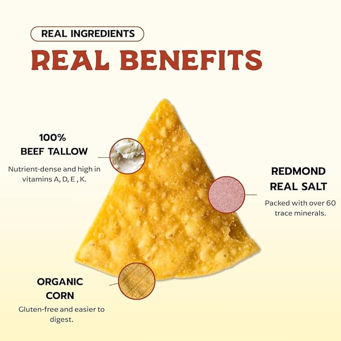 Vaca Chips – Beef Tallow Tortilla Chips, Original Flavor – 3 Pack of 5 oz Bags – Seed Oil Free Snack Made with Organic Corn & Sea Salt – Gluten Free, No Preservatives, Cooked in Beef Tallow