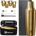 Hybrid Cocktail Shaker Set with Stackable Cups | Vacuum Insulated Stainless Steel Martini Shaker & Bartender Tools | Travel-Ready Kit | 30oz | Gold
