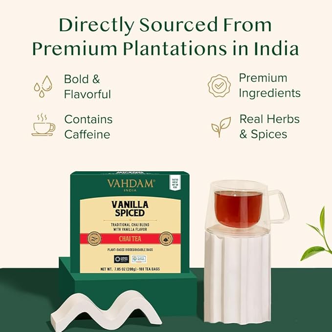 VAHDAM, Vanilla Spiced Chai Tea | 100 Tea Bags | Delicious Blend of Vanilla Masala Chai | Brew Hot, Cold or Iced