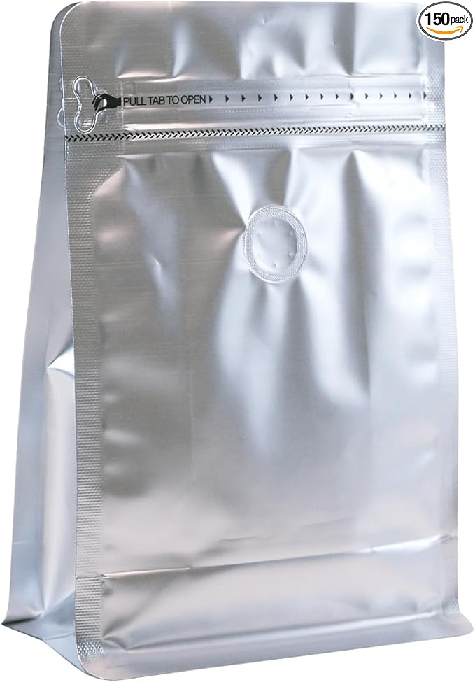 150 Pack High Barrier Stand-Up Coffee Bean Bags with Vented Valve, Matte Metallic, Heat-Sealable and Resealable Solid Color Pouches for Food Storage (6 * 12.8 inch,2 lb,32 oz,Silver)