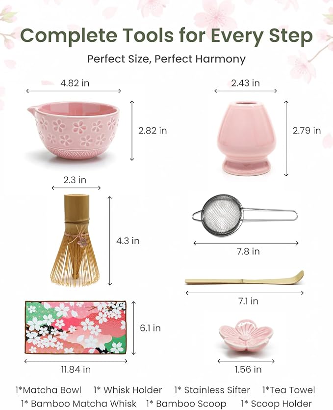 Matcha Whisk Sets 7 Pcs Includes Ceramic Bowl, Bamboo Whisk, Scoop, Sifter, Whisk Holder, Scoop Rest & Tea Towel | Japanese Matcha Ceremony Gift Set for Matcha Lovers (Pink)