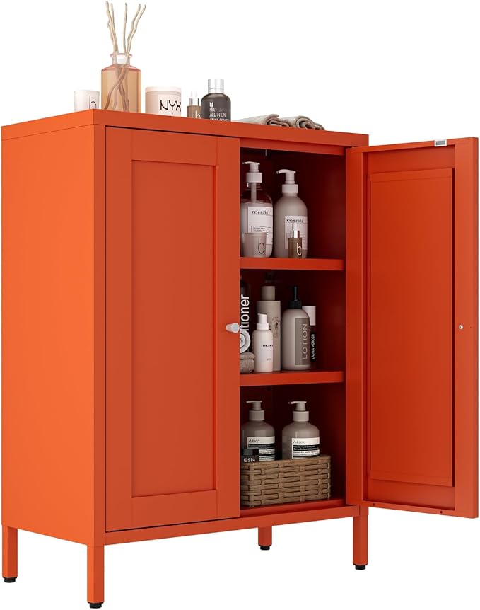 Metal Bathroom Cabinet, Small Floor Storage Cabinet, Freestanding Sideboard with 2 Adjustable Shelves for Living Room, Dinging Room (Orange, 31.5" H-2 Doors)